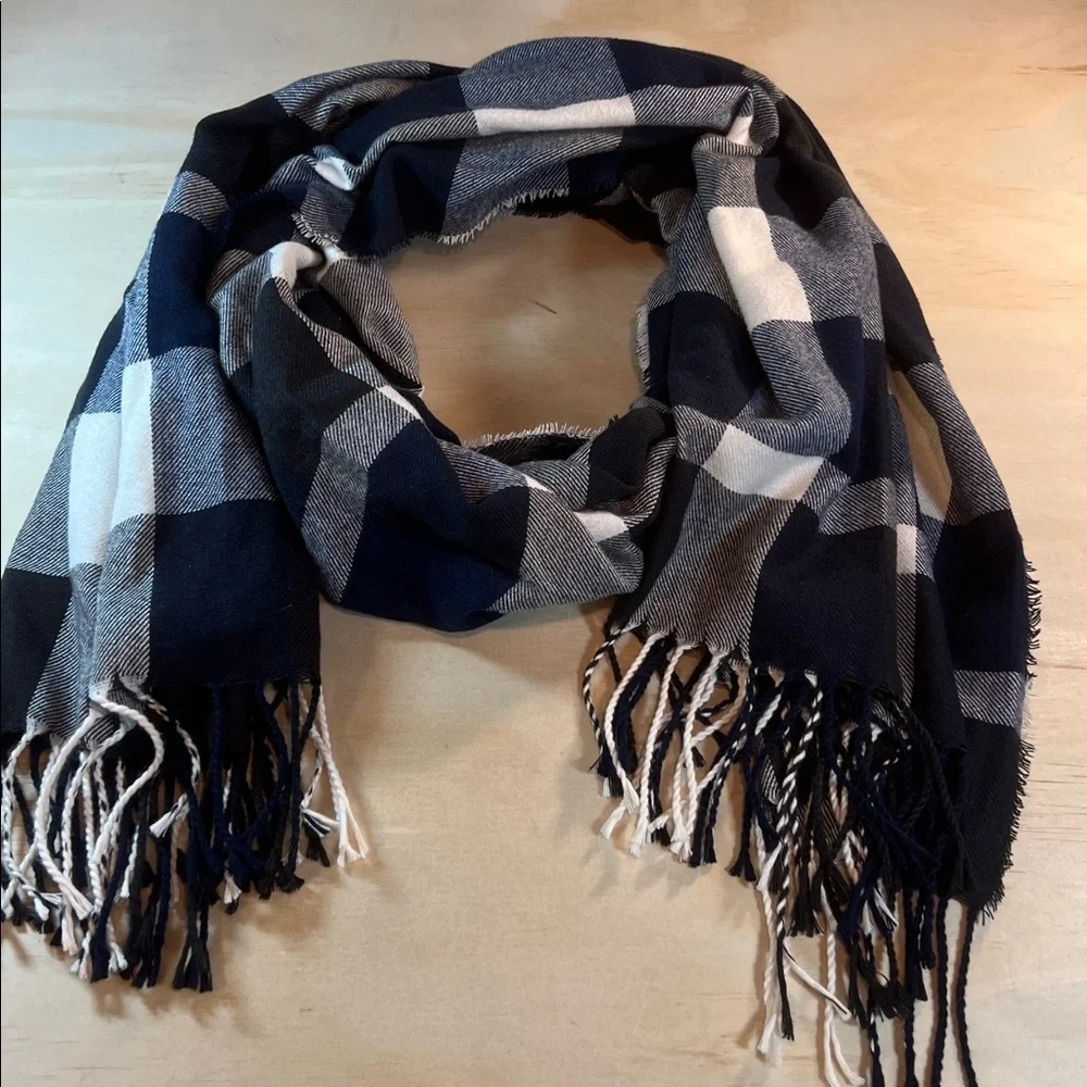 Blue and White Plaid Fringe Scarf Plush Apparel